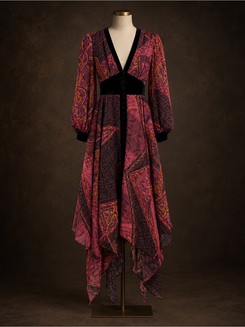 Divine Heritage NWT Boysenberry Paisley Handkerchief Hem Dress size XS